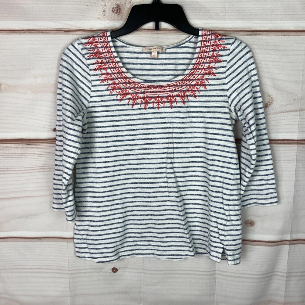 Skies Are Blue Top Women S Blue White Stripe T-Shirt Embroidered 3/4 Sleeve Knit